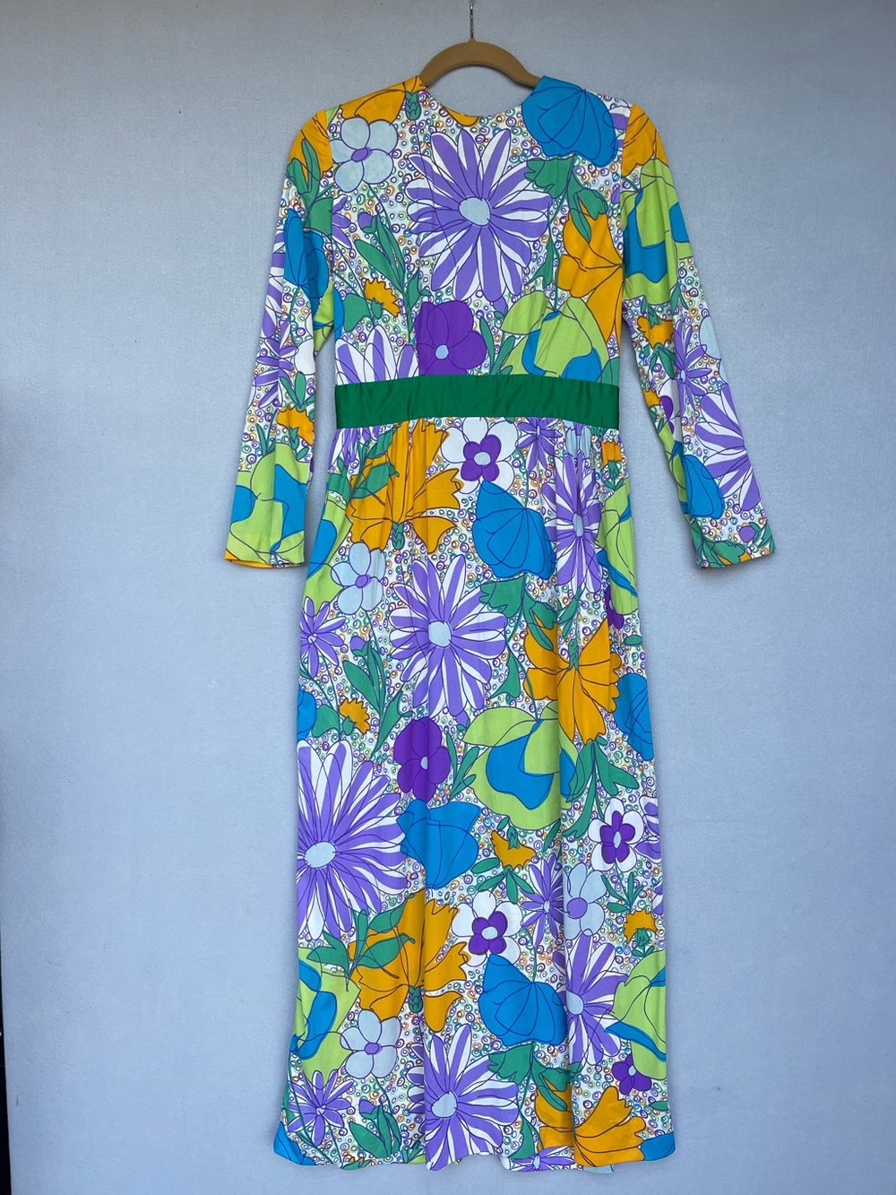 Vintage 70s Handmade Psychedelic Floral Maxi Dress XS/S Mod Floral Polyester